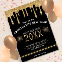Zwart & Goud Glitter Drip New Years Eve Party 2024