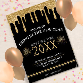 Zwart & Goud Glitter Drip New Years Eve Party 2024 Kaart