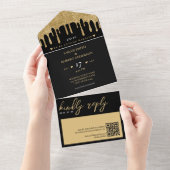 Zwart & Goud Glitter Drip QR Code Bruiloft All In One Uitnodiging (Afscheurbaar)
