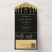 Zwart & Goud Glitter Drip QR Code Bruiloft All In One Uitnodiging (Binnen)