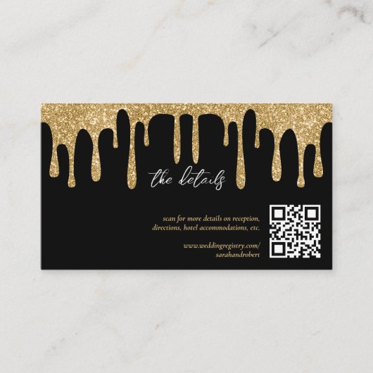 Zwart & Goud Glitter Drip QR Code Bruiloft Details Informatiekaartje (Voorkant)