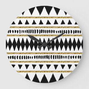 Zwart Goud Glitter Etnisch Patroon Grote Klok