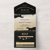 Zwart & Goud Glitter Gitaar Bruiloft All In One Uitnodiging (Binnen)