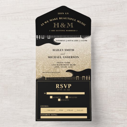 Zwart & Goud Glitter Gitaar Bruiloft All In One Uitnodiging (Binnen)