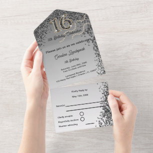 Zwart & Goud Glitter Kalligrafie Nummer Zoet 16 All In One Uitnodiging