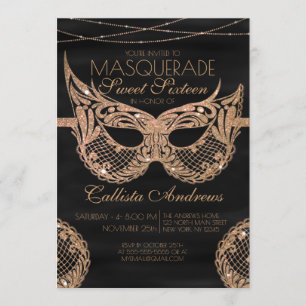Zwart Goud Glitter Kant Masquerade Sweet 16 Kaart