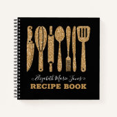 Zwart Goud Glitter Koken Utensil Recept 3 Ring B Notitieboek (Voorkant)