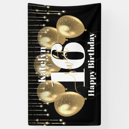 Zwart Goud Glitter Lief 16 Verjaardagsballonnen Ve Spandoek (Verticaal)