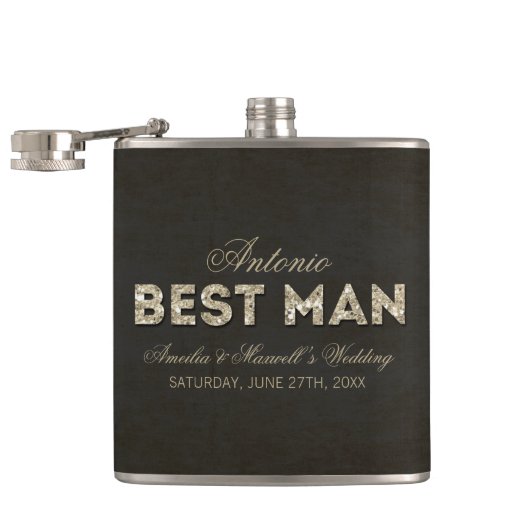Zwart & Goud Glitter Look Best Man Flask Heupfles (Geopend)