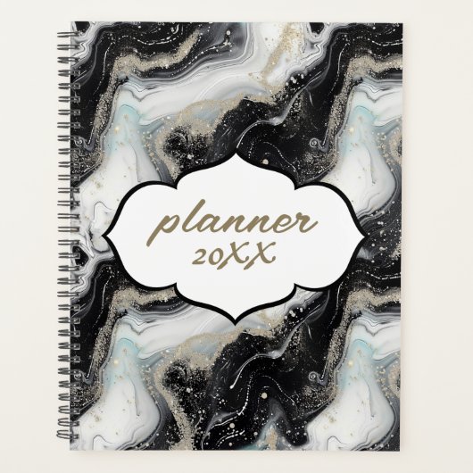 Zwart Goud Glitter Marmer Modern Planner (Voorkant)