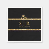 Zwart & Goud Glitter Monogram Initiaal Bruiloft Servet (Voorkant)