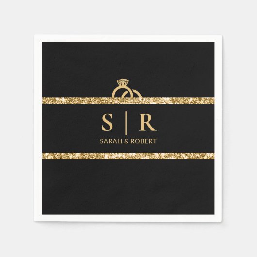 Zwart & Goud Glitter Monogram Initiaal Bruiloft Servet (Voorkant)