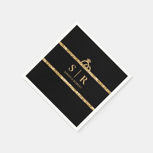 Zwart & Goud Glitter Monogram Initiaal Bruiloft Servet (Hoek)