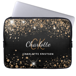 Zwart goud glitter monogram naam glam laptop sleeve