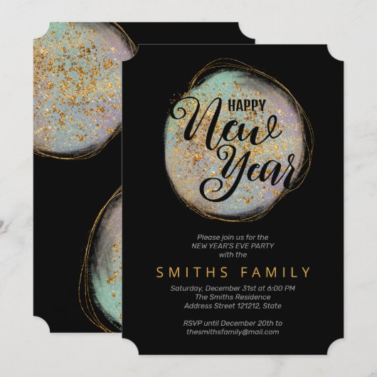Zwart Goud Glitter Nieuwjaarsfeest Kaart (Voorkant / Achterkant)