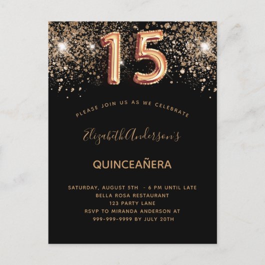 Zwart goud glitter Quinceanera Uitnodiging Briefkaart (Voorkant)