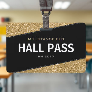 Zwart & Goud Glitter School Teacher Hall Pass Badge