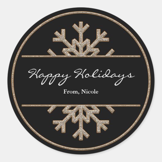 Zwart & Goud Glitter Sneeuwvlok Kerststicker Ronde Sticker (Voorkant)
