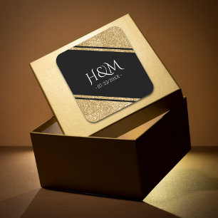 Zwart & Goud Glitter Streep Bruiloft Favor Vierkante Sticker