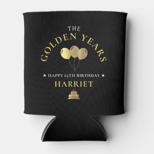 Zwart & Goud Gouden Jaren 65e Verjaardag Blikjeskoeler (Voorkant)