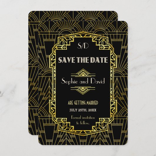 Zwart & Goud Great Gatsby Art Deco Save The Date Kaart (Voorkant / Achterkant)