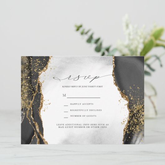 Zwart, Goud & Grijs Mist Agate Trouw RSVP Uitnodig Kaart (Staand voorkant)