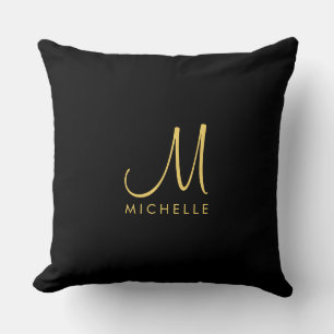 Zwart & Goud Handgeschreven Monogram Naam Sjabloon Kussen