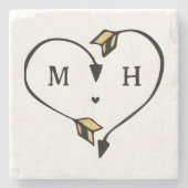 Zwart & Goud Hart Pijl Romantisch Monogram Stenen Onderzetter (Voorkant)