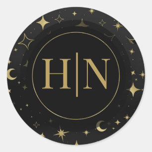 Zwart & Goud Hemelse Maan Sterren Bruiloft Ronde Sticker