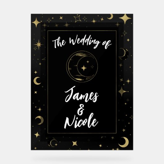 Zwart & Goud Hemelse Maan Sterren Huwelijk Welkom Acryl Bord (Voorkant)