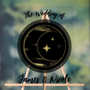 Zwart & Goud Hemelse Maan Sterren Huwelijk Welkom Acryl Bord