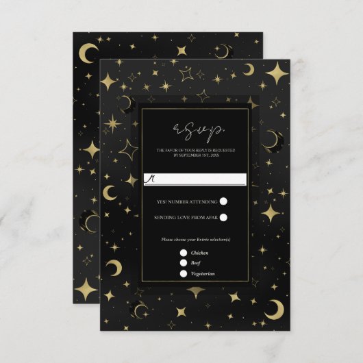 Zwart & Goud Hemelse Maan Sterren Wedding RSVP (Voorkant / Achterkant)