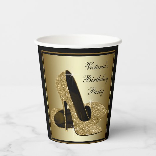 Zwart Goud Hoge Hiel Schoen Verjaardag Papier Cups Papieren Bekers (Achterkant)