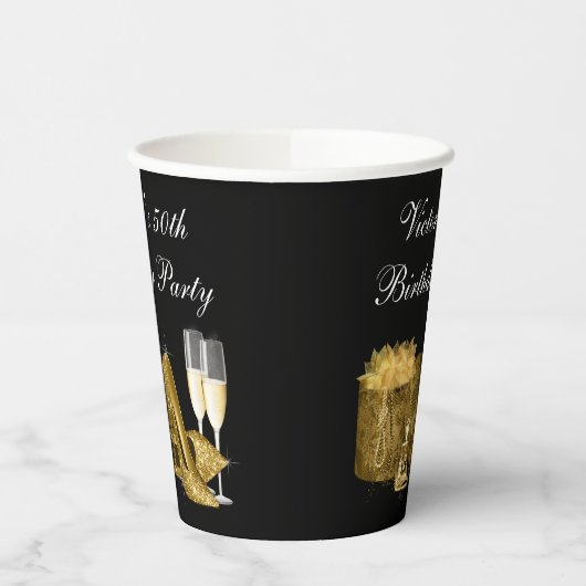 Zwart Goud Hoge hiel Schoen Verjaardagsfeestje Pap Papieren Bekers (Links)