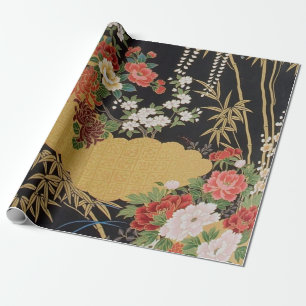 Zwart Goud Japans Kimono Bloemen Decoupage Gift Cadeaupapier
