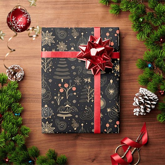 Zwart & Goud Kerst Ontwerp Wrapping Papier