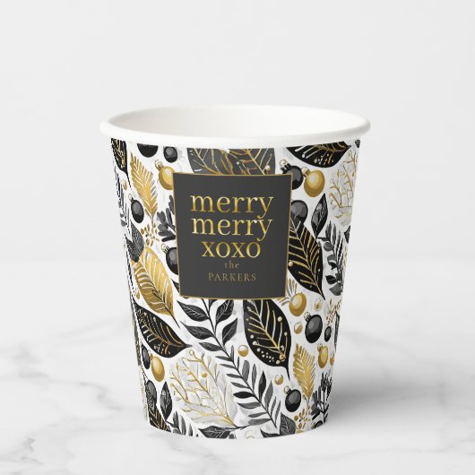 Zwart Goud Kerstmis Merry Pattern#21 ID1009 Papieren Bekers (Voorkant)