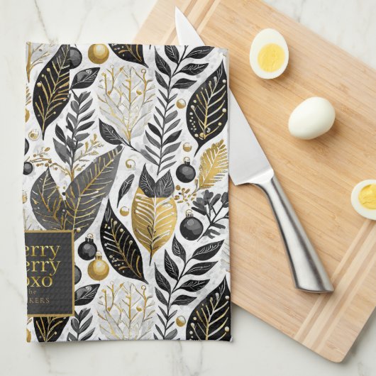 Zwart Goud Kerstmis Merry Pattern#21 ID1009 Theedoek (Quarter Fold)