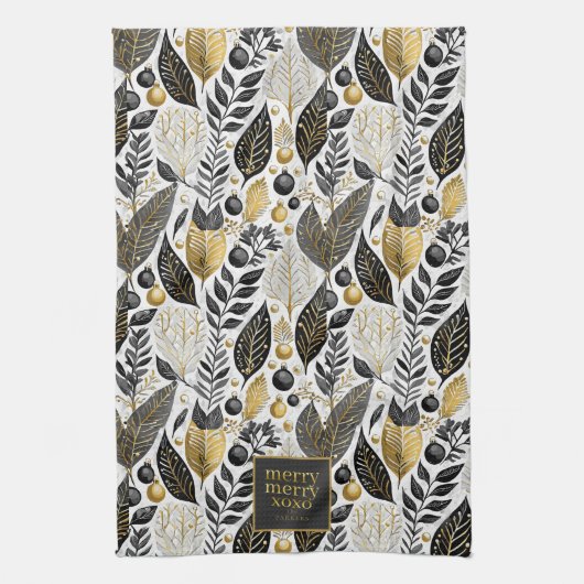 Zwart Goud Kerstmis Merry Pattern#21 ID1009 Theedoek (Verticaal)