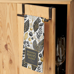 Zwart Goud Kerstmis Merry Pattern#21 ID1009 Theedoek