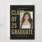 Zwart & Goud Klasse van 25 Foto & Bio Afstuderen Aankondiging (Voorkant)