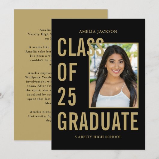 Zwart & Goud Klasse van 25 Foto & Bio Afstuderen Aankondiging (Voorkant / Achterkant)
