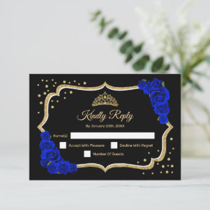 Zwart Goud Koninklijk Blauwe Quinceanera RSVP Kaartje