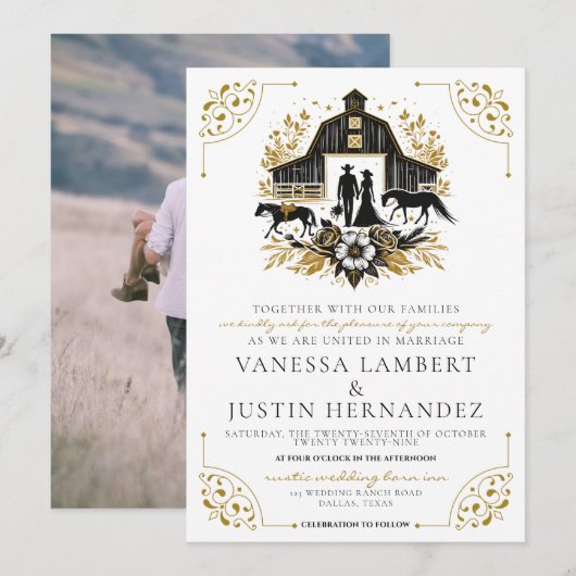 Zwart & Goud Land Bruiloft Kaart (Voorkant / Achterkant)