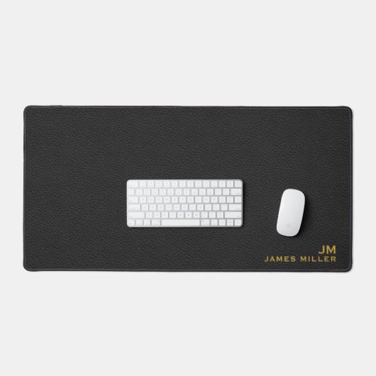 Zwart Goud Lederen Textuur Custom Monogram Naam Bureaumat (Keyboard & Muis)