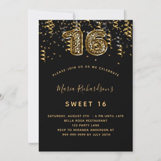 Zwart goud luipaard confetti Sweet 16 Kaart (Voorkant)