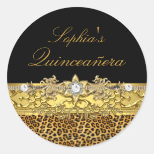 Zwart & Goud Luipaard Quinceanera Sticker