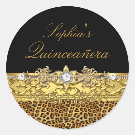 Zwart & Goud Luipaard Quinceanera Sticker (Voorkant)