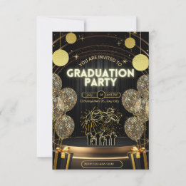 Zwart & Goud Luxe Afstuderen Uitnodigingsfeest Kaart