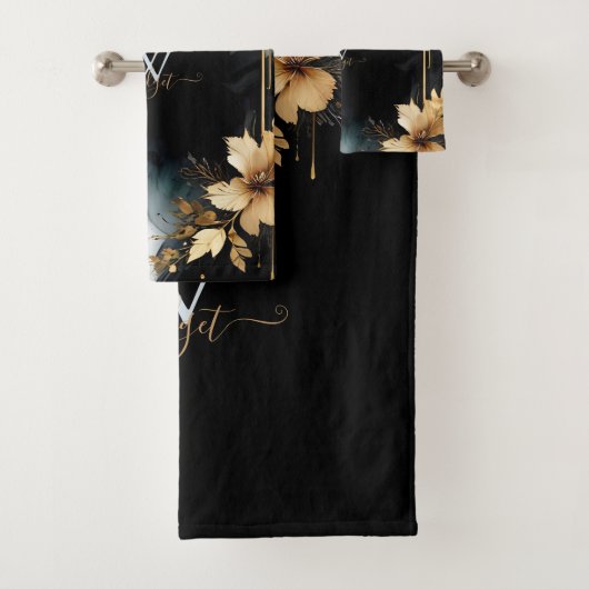 Zwart & Goud Luxe Bloemen Marmeren Swirl Bad Handdoek (Insitu)